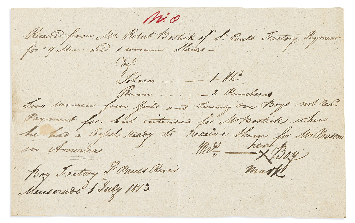 (SLAVE TRADE.) Receipt for 37 enslaved people sold to a trader in present-day Liberia for transport to America.